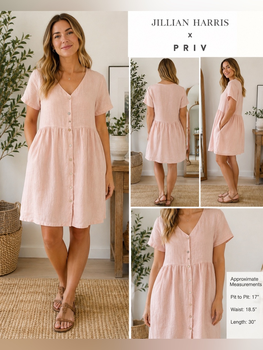 Jillian Harris x PRIV Hampton Pink 100% Linen Made in Italy Babydoll Dress S